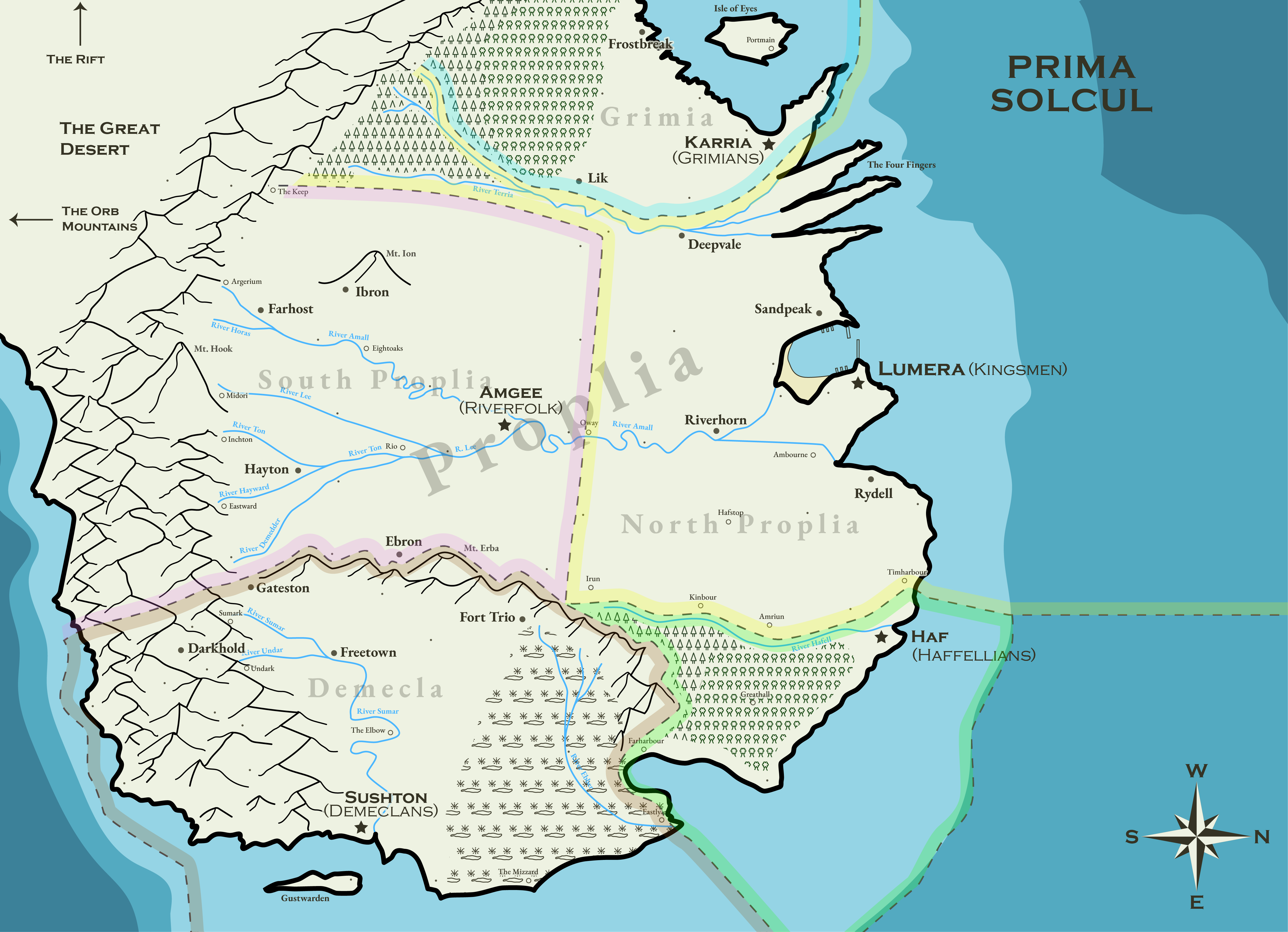 A vector map of the fantasy continent of Prima Solcul.